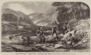 Scène de rivière, Pays de Galles, pêche au saumon, détermination du poids - Alexander Rolfe